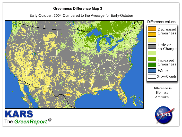 Color-coded U.S. vegetation greeness index map for Period 41 of 2004, illustrating spatial variations in plant vigor, with greener tones indicating higher biomass and browner tones indicating stressed vegetation,
              comparing current crop/vegetation change in biomass to the 20-year greenness average.