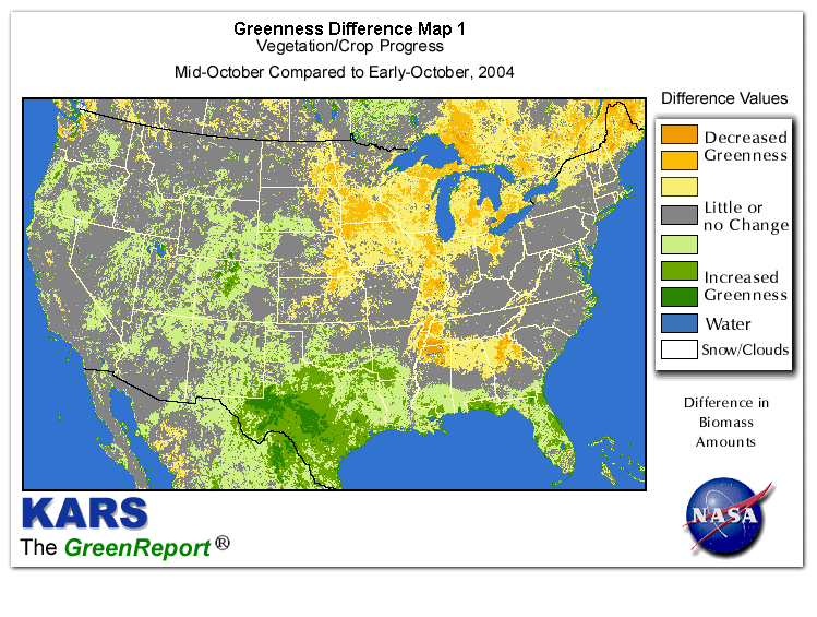 Color-coded U.S. vegetation greeness index map for Period 42 of 2004, illustrating spatial variations in plant vigor, with greener tones indicating higher biomass and browner tones indicating stressed vegetation,
              comparing current crop/vegetation change in biomass to the previous week within the same year.