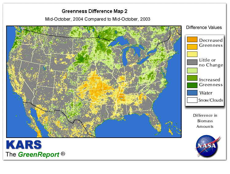Color-coded U.S. vegetation greeness index map for Period 42 of 2004, illustrating spatial variations in plant vigor, with greener tones indicating higher biomass and browner tones indicating stressed vegetation,
              comparing current crop/vegetation change in biomass to same period from the previous year.