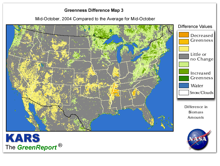 Color-coded U.S. vegetation greeness index map for Period 42 of 2004, illustrating spatial variations in plant vigor, with greener tones indicating higher biomass and browner tones indicating stressed vegetation,
              comparing current crop/vegetation change in biomass to the 20-year greenness average.