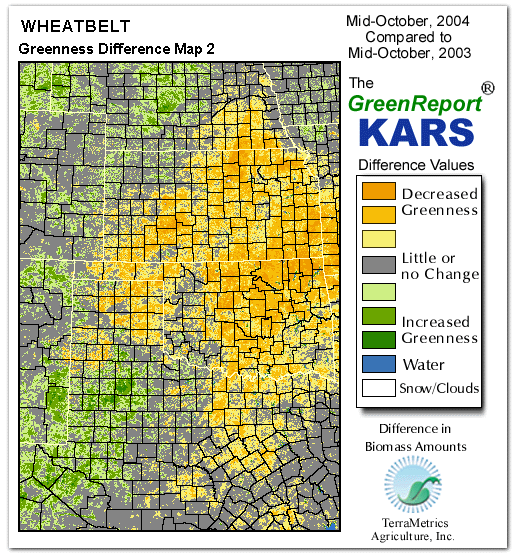 Color-coded Wheat Belt vegetation greeness index map for Period 42 of 2004, illustrating spatial variations in plant vigor, with greener tones indicating higher biomass and browner tones indicating stressed vegetation,
              comparing current crop/vegetation change in biomass to same period from the previous year.