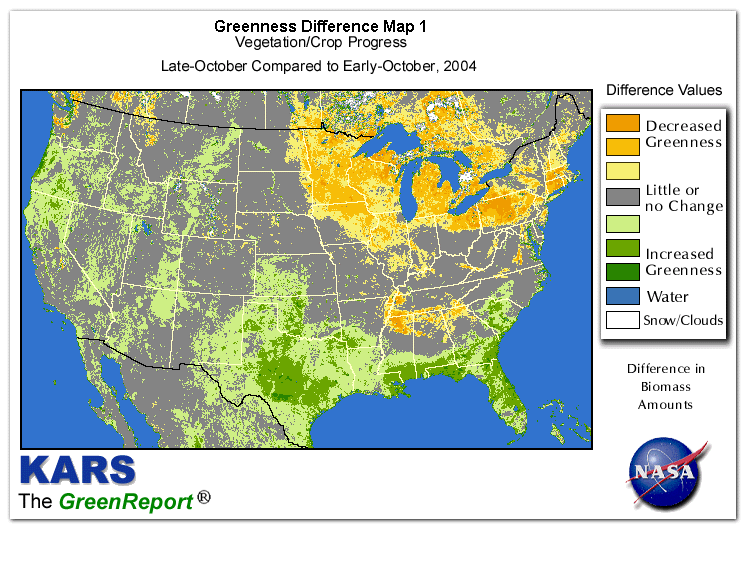 Color-coded U.S. vegetation greeness index map for Period 43 of 2004, illustrating spatial variations in plant vigor, with greener tones indicating higher biomass and browner tones indicating stressed vegetation,
              comparing current crop/vegetation change in biomass to the previous week within the same year.