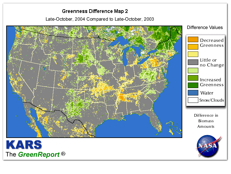 Color-coded U.S. vegetation greeness index map for Period 43 of 2004, illustrating spatial variations in plant vigor, with greener tones indicating higher biomass and browner tones indicating stressed vegetation,
              comparing current crop/vegetation change in biomass to same period from the previous year.
