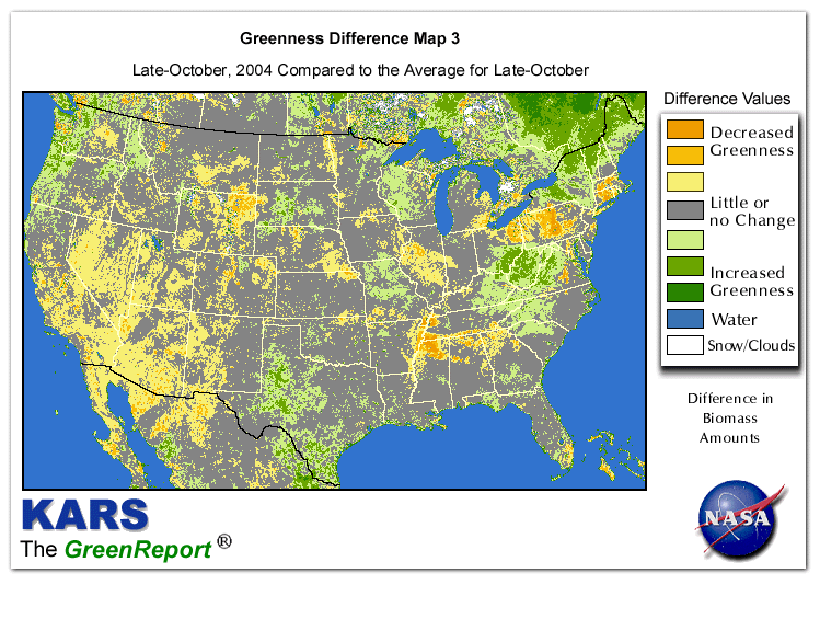 Color-coded U.S. vegetation greeness index map for Period 43 of 2004, illustrating spatial variations in plant vigor, with greener tones indicating higher biomass and browner tones indicating stressed vegetation,
              comparing current crop/vegetation change in biomass to the 20-year greenness average.