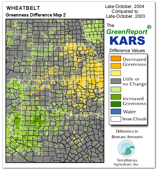 Color-coded Wheat Belt vegetation greeness index map for Period 43 of 2004, illustrating spatial variations in plant vigor, with greener tones indicating higher biomass and browner tones indicating stressed vegetation,
              comparing current crop/vegetation change in biomass to same period from the previous year.