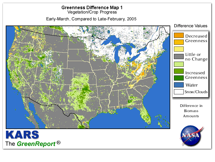 Color-coded U.S. vegetation greeness index map for Period 11 of 2005, illustrating spatial variations in plant vigor, with greener tones indicating higher biomass and browner tones indicating stressed vegetation,
              comparing current crop/vegetation change in biomass to the previous week within the same year.