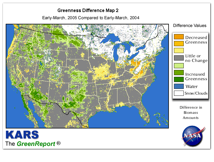 Color-coded U.S. vegetation greeness index map for Period 11 of 2005, illustrating spatial variations in plant vigor, with greener tones indicating higher biomass and browner tones indicating stressed vegetation,
              comparing current crop/vegetation change in biomass to same period from the previous year.
