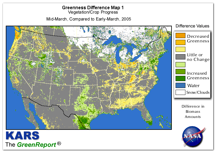 Color-coded U.S. vegetation greeness index map for Period 12 of 2005, illustrating spatial variations in plant vigor, with greener tones indicating higher biomass and browner tones indicating stressed vegetation,
              comparing current crop/vegetation change in biomass to the previous week within the same year.