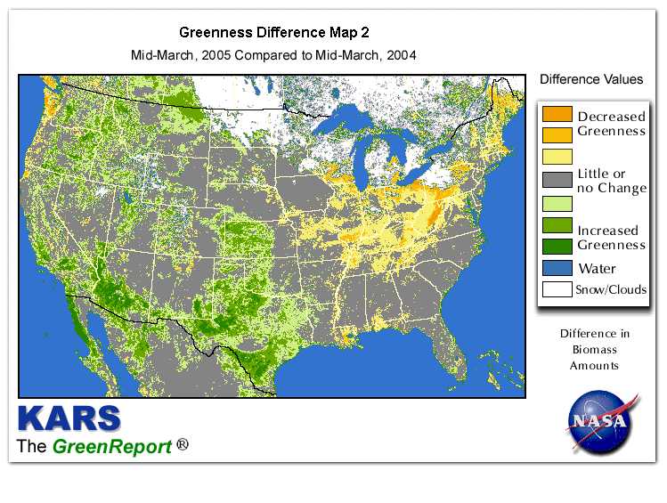 Color-coded U.S. vegetation greeness index map for Period 12 of 2005, illustrating spatial variations in plant vigor, with greener tones indicating higher biomass and browner tones indicating stressed vegetation,
              comparing current crop/vegetation change in biomass to same period from the previous year.