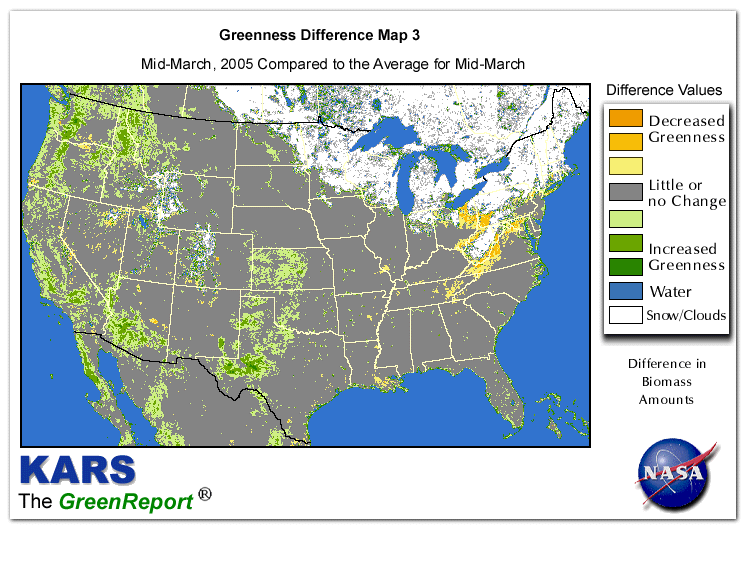 Color-coded U.S. vegetation greeness index map for Period 12 of 2005, illustrating spatial variations in plant vigor, with greener tones indicating higher biomass and browner tones indicating stressed vegetation,
              comparing current crop/vegetation change in biomass to the 20-year greenness average.