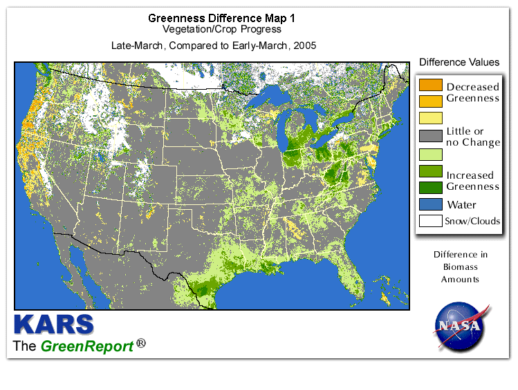 Color-coded U.S. vegetation greeness index map for Period 13 of 2005, illustrating spatial variations in plant vigor, with greener tones indicating higher biomass and browner tones indicating stressed vegetation,
              comparing current crop/vegetation change in biomass to the previous week within the same year.