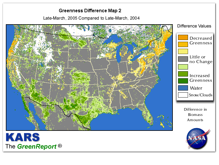 Color-coded U.S. vegetation greeness index map for Period 13 of 2005, illustrating spatial variations in plant vigor, with greener tones indicating higher biomass and browner tones indicating stressed vegetation,
              comparing current crop/vegetation change in biomass to same period from the previous year.