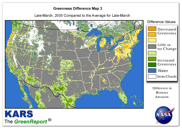 Color-coded U.S. vegetation greeness index map for Period 13 of 2005, illustrating spatial variations in plant vigor, with greener tones indicating higher biomass and browner tones indicating stressed vegetation,
              comparing current crop/vegetation change in biomass to the 20-year greenness average.