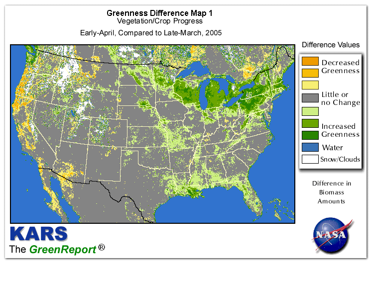 Color-coded U.S. vegetation greeness index map for Period 14 of 2005, illustrating spatial variations in plant vigor, with greener tones indicating higher biomass and browner tones indicating stressed vegetation,
              comparing current crop/vegetation change in biomass to the previous week within the same year.