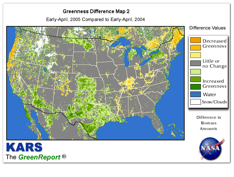 Color-coded U.S. vegetation greeness index map for Period 14 of 2005, illustrating spatial variations in plant vigor, with greener tones indicating higher biomass and browner tones indicating stressed vegetation,
              comparing current crop/vegetation change in biomass to same period from the previous year.
