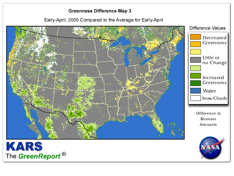 Color-coded U.S. vegetation greeness index map for Period 14 of 2005, illustrating spatial variations in plant vigor, with greener tones indicating higher biomass and browner tones indicating stressed vegetation,
              comparing current crop/vegetation change in biomass to the 20-year greenness average.