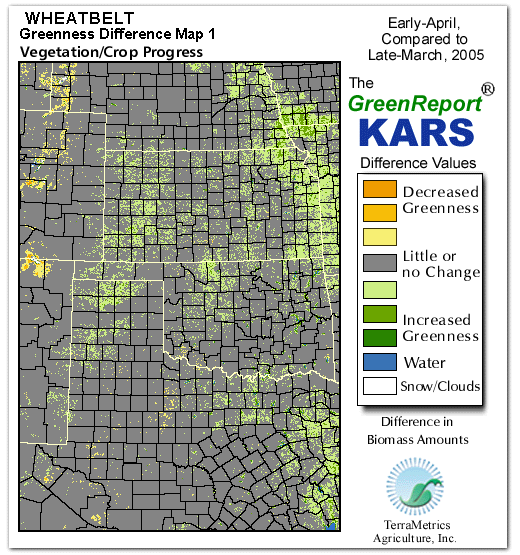 Color-coded Wheat Belt vegetation greeness index map for Period 14 of 2005, illustrating spatial variations in plant vigor, with greener tones indicating higher biomass and browner tones indicating stressed vegetation,
              comparing current crop/vegetation change in biomass to the previous week within the same year.