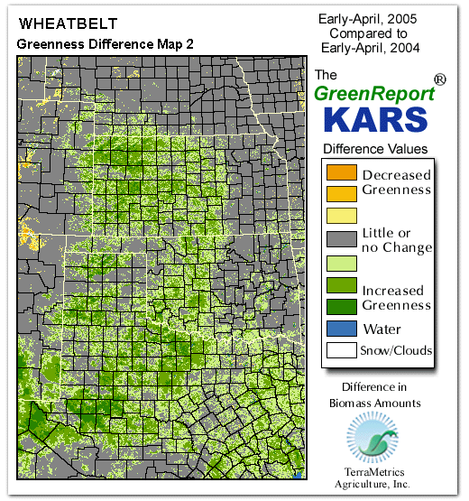 Color-coded Wheat Belt vegetation greeness index map for Period 14 of 2005, illustrating spatial variations in plant vigor, with greener tones indicating higher biomass and browner tones indicating stressed vegetation,
              comparing current crop/vegetation change in biomass to same period from the previous year.