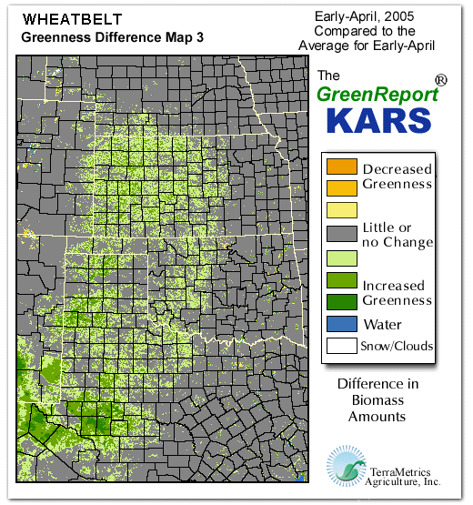 Color-coded Wheat Belt vegetation greeness index map for Period 14 of 2005, illustrating spatial variations in plant vigor, with greener tones indicating higher biomass and browner tones indicating stressed vegetation,
              comparing current crop/vegetation change in biomass to the 20-year greenness average.