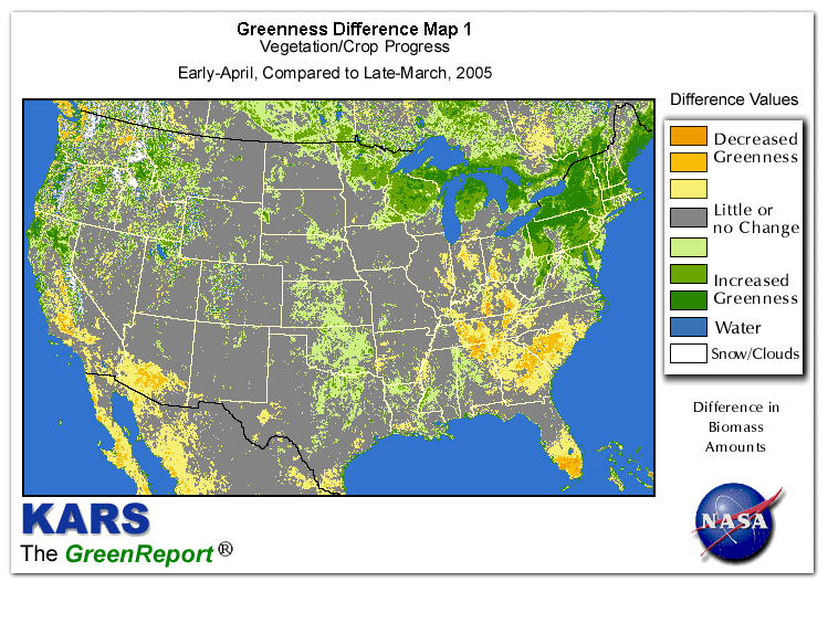 Color-coded U.S. vegetation greeness index map for Period 15 of 2005, illustrating spatial variations in plant vigor, with greener tones indicating higher biomass and browner tones indicating stressed vegetation,
              comparing current crop/vegetation change in biomass to the previous week within the same year.