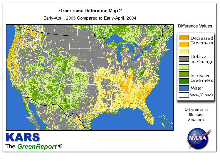 Color-coded U.S. vegetation greeness index map for Period 15 of 2005, illustrating spatial variations in plant vigor, with greener tones indicating higher biomass and browner tones indicating stressed vegetation,
              comparing current crop/vegetation change in biomass to same period from the previous year.