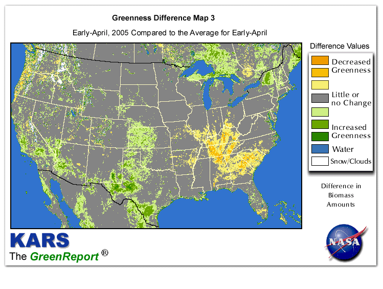 Color-coded U.S. vegetation greeness index map for Period 15 of 2005, illustrating spatial variations in plant vigor, with greener tones indicating higher biomass and browner tones indicating stressed vegetation,
              comparing current crop/vegetation change in biomass to the 20-year greenness average.