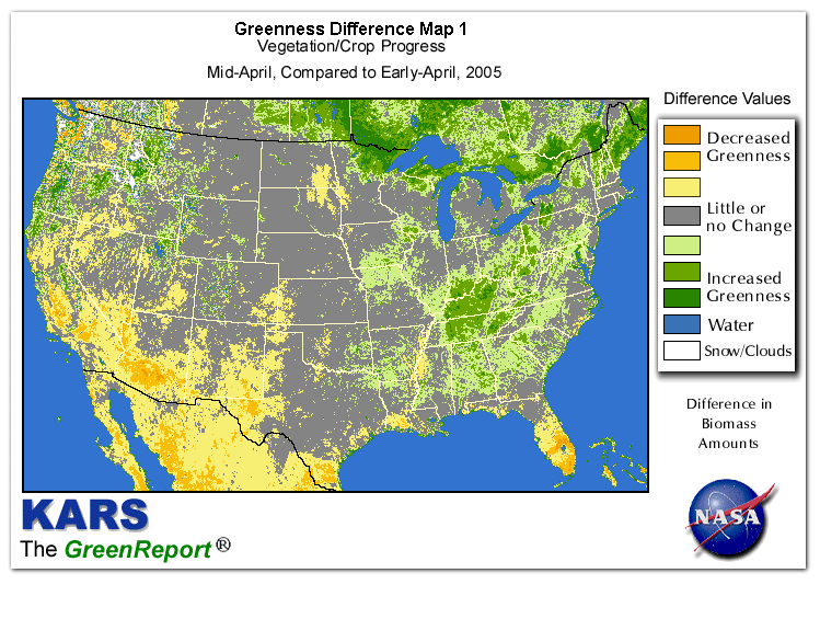Color-coded U.S. vegetation greeness index map for Period 16 of 2005, illustrating spatial variations in plant vigor, with greener tones indicating higher biomass and browner tones indicating stressed vegetation,
              comparing current crop/vegetation change in biomass to the previous week within the same year.
