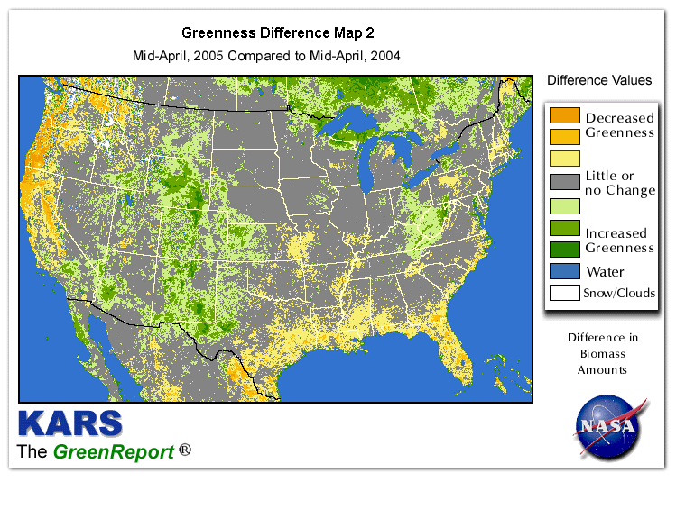 Color-coded U.S. vegetation greeness index map for Period 16 of 2005, illustrating spatial variations in plant vigor, with greener tones indicating higher biomass and browner tones indicating stressed vegetation,
              comparing current crop/vegetation change in biomass to same period from the previous year.