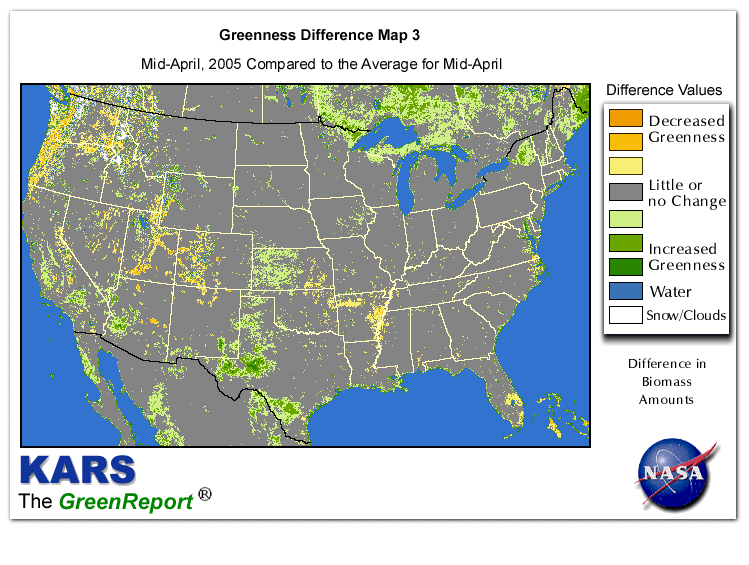 Color-coded U.S. vegetation greeness index map for Period 16 of 2005, illustrating spatial variations in plant vigor, with greener tones indicating higher biomass and browner tones indicating stressed vegetation,
              comparing current crop/vegetation change in biomass to the 20-year greenness average.