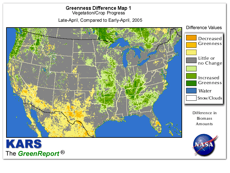 Color-coded U.S. vegetation greeness index map for Period 17 of 2005, illustrating spatial variations in plant vigor, with greener tones indicating higher biomass and browner tones indicating stressed vegetation,
              comparing current crop/vegetation change in biomass to the previous week within the same year.
