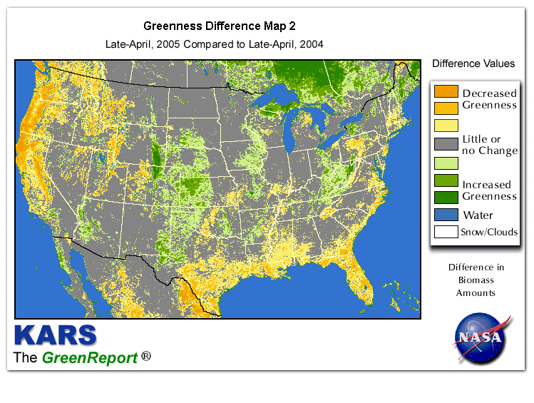 Color-coded U.S. vegetation greeness index map for Period 17 of 2005, illustrating spatial variations in plant vigor, with greener tones indicating higher biomass and browner tones indicating stressed vegetation,
              comparing current crop/vegetation change in biomass to same period from the previous year.