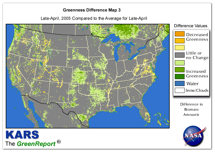 Color-coded U.S. vegetation greeness index map for Period 17 of 2005, illustrating spatial variations in plant vigor, with greener tones indicating higher biomass and browner tones indicating stressed vegetation,
              comparing current crop/vegetation change in biomass to the 20-year greenness average.