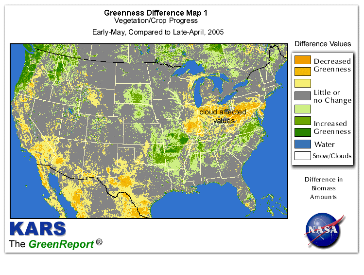 Color-coded U.S. vegetation greeness index map for Period 18 of 2005, illustrating spatial variations in plant vigor, with greener tones indicating higher biomass and browner tones indicating stressed vegetation,
              comparing current crop/vegetation change in biomass to the previous week within the same year.
