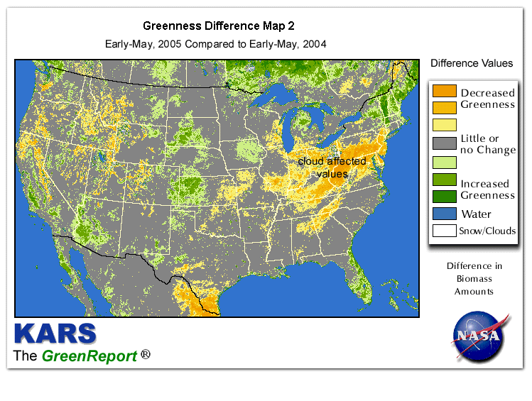 Color-coded U.S. vegetation greeness index map for Period 18 of 2005, illustrating spatial variations in plant vigor, with greener tones indicating higher biomass and browner tones indicating stressed vegetation,
              comparing current crop/vegetation change in biomass to same period from the previous year.