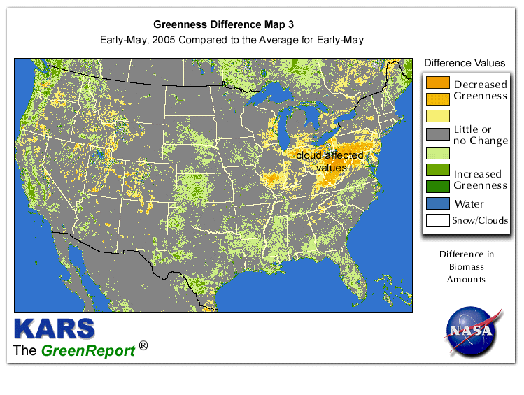 Color-coded U.S. vegetation greeness index map for Period 18 of 2005, illustrating spatial variations in plant vigor, with greener tones indicating higher biomass and browner tones indicating stressed vegetation,
              comparing current crop/vegetation change in biomass to the 20-year greenness average.