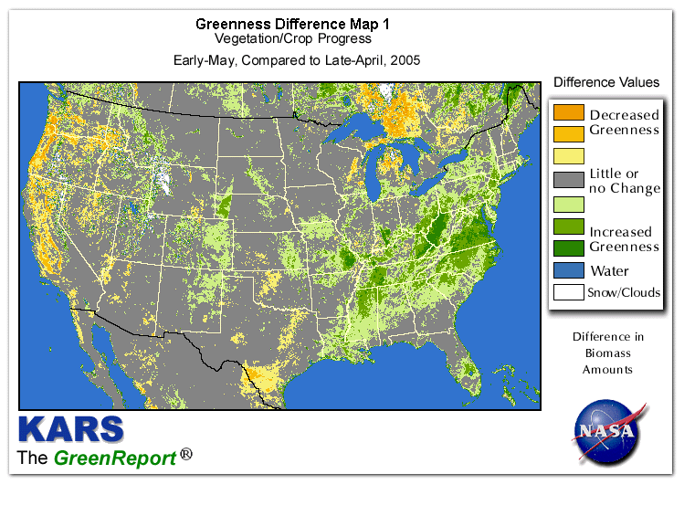 Color-coded U.S. vegetation greeness index map for Period 19 of 2005, illustrating spatial variations in plant vigor, with greener tones indicating higher biomass and browner tones indicating stressed vegetation,
              comparing current crop/vegetation change in biomass to the previous week within the same year.