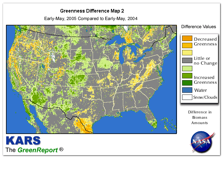 Color-coded U.S. vegetation greeness index map for Period 19 of 2005, illustrating spatial variations in plant vigor, with greener tones indicating higher biomass and browner tones indicating stressed vegetation,
              comparing current crop/vegetation change in biomass to same period from the previous year.