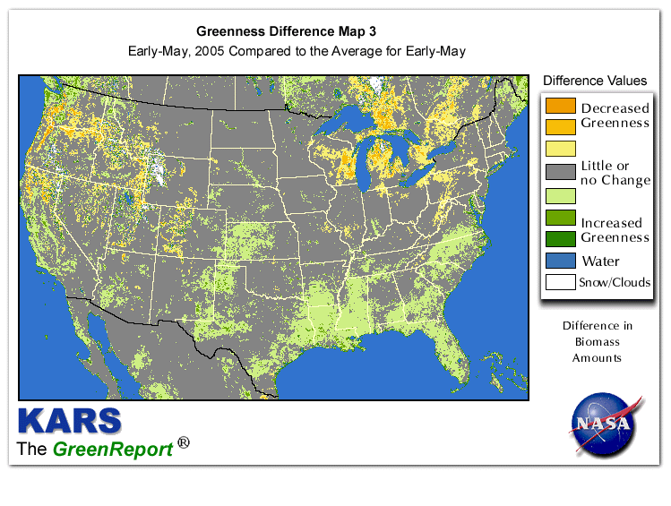 Color-coded U.S. vegetation greeness index map for Period 19 of 2005, illustrating spatial variations in plant vigor, with greener tones indicating higher biomass and browner tones indicating stressed vegetation,
              comparing current crop/vegetation change in biomass to the 20-year greenness average.
