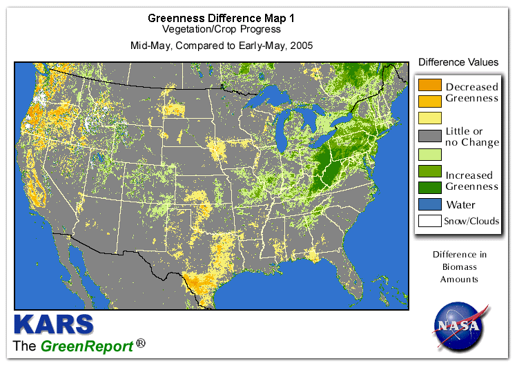 Color-coded U.S. vegetation greeness index map for Period 20 of 2005, illustrating spatial variations in plant vigor, with greener tones indicating higher biomass and browner tones indicating stressed vegetation,
              comparing current crop/vegetation change in biomass to the previous week within the same year.