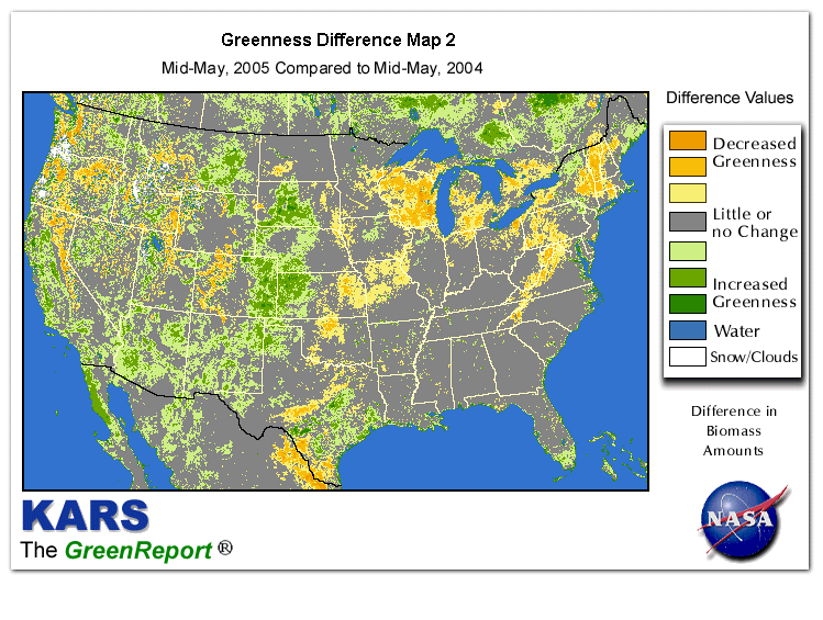 Color-coded U.S. vegetation greeness index map for Period 20 of 2005, illustrating spatial variations in plant vigor, with greener tones indicating higher biomass and browner tones indicating stressed vegetation,
              comparing current crop/vegetation change in biomass to same period from the previous year.