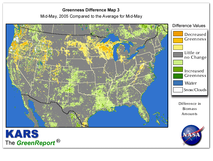 Color-coded U.S. vegetation greeness index map for Period 20 of 2005, illustrating spatial variations in plant vigor, with greener tones indicating higher biomass and browner tones indicating stressed vegetation,
              comparing current crop/vegetation change in biomass to the 20-year greenness average.