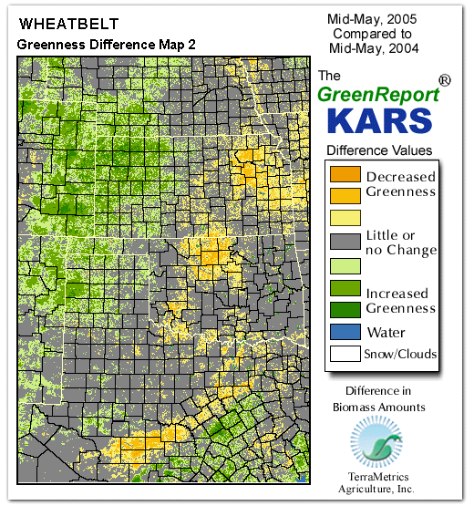 Color-coded Wheat Belt vegetation greeness index map for Period 20 of 2005, illustrating spatial variations in plant vigor, with greener tones indicating higher biomass and browner tones indicating stressed vegetation,
              comparing current crop/vegetation change in biomass to same period from the previous year.