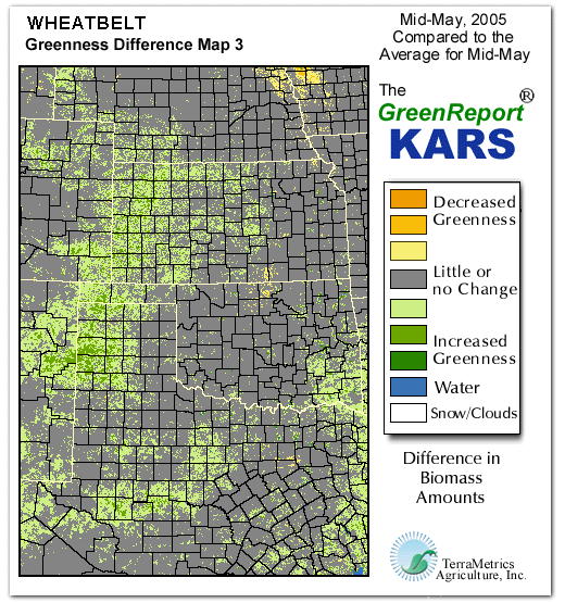 Color-coded Wheat Belt vegetation greeness index map for Period 20 of 2005, illustrating spatial variations in plant vigor, with greener tones indicating higher biomass and browner tones indicating stressed vegetation,
              comparing current crop/vegetation change in biomass to the 20-year greenness average.