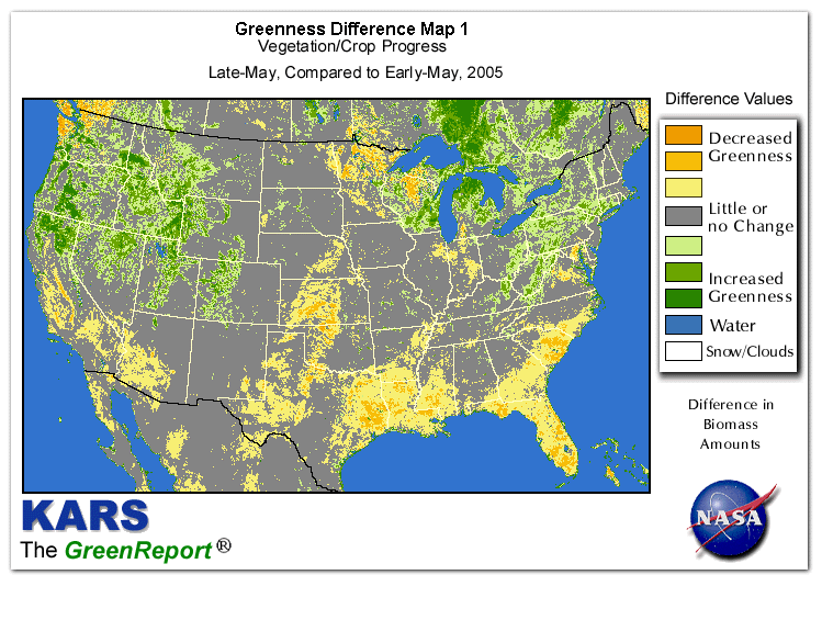 Color-coded U.S. vegetation greeness index map for Period 21 of 2005, illustrating spatial variations in plant vigor, with greener tones indicating higher biomass and browner tones indicating stressed vegetation,
              comparing current crop/vegetation change in biomass to the previous week within the same year.