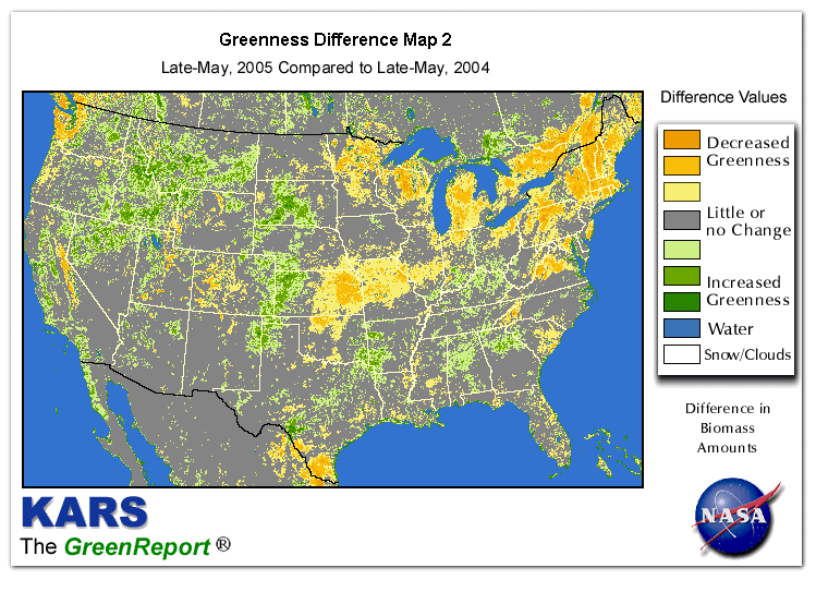 Color-coded U.S. vegetation greeness index map for Period 21 of 2005, illustrating spatial variations in plant vigor, with greener tones indicating higher biomass and browner tones indicating stressed vegetation,
              comparing current crop/vegetation change in biomass to same period from the previous year.