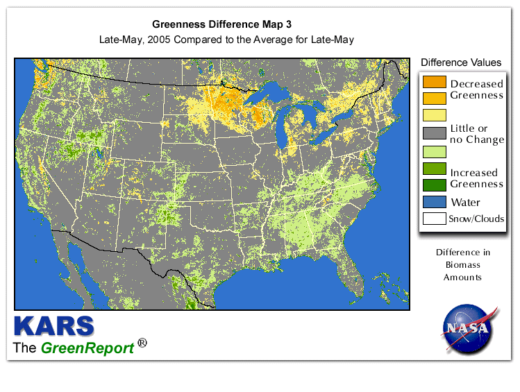 Color-coded U.S. vegetation greeness index map for Period 21 of 2005, illustrating spatial variations in plant vigor, with greener tones indicating higher biomass and browner tones indicating stressed vegetation,
              comparing current crop/vegetation change in biomass to the 20-year greenness average.