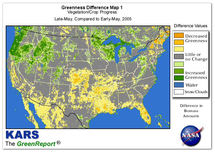 Color-coded U.S. vegetation greeness index map for Period 22 of 2005, illustrating spatial variations in plant vigor, with greener tones indicating higher biomass and browner tones indicating stressed vegetation,
              comparing current crop/vegetation change in biomass to the previous week within the same year.