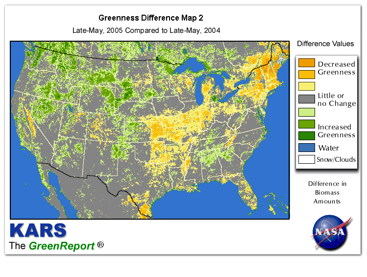 Color-coded U.S. vegetation greeness index map for Period 22 of 2005, illustrating spatial variations in plant vigor, with greener tones indicating higher biomass and browner tones indicating stressed vegetation,
              comparing current crop/vegetation change in biomass to same period from the previous year.