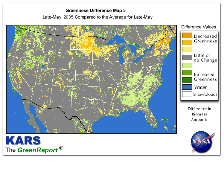 Color-coded U.S. vegetation greeness index map for Period 22 of 2005, illustrating spatial variations in plant vigor, with greener tones indicating higher biomass and browner tones indicating stressed vegetation,
              comparing current crop/vegetation change in biomass to the 20-year greenness average.
