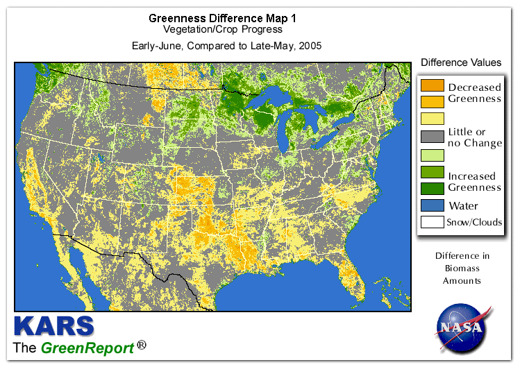 Color-coded U.S. vegetation greeness index map for Period 23 of 2005, illustrating spatial variations in plant vigor, with greener tones indicating higher biomass and browner tones indicating stressed vegetation,
              comparing current crop/vegetation change in biomass to the previous week within the same year.